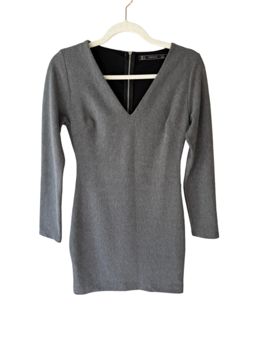 Zara Gray Long Sleeve V-Neck Mini Bodycon Dress Size S Y2K Cocktail Party - Picture 2 of 14